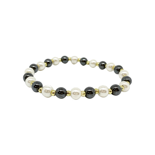 Bracelet Hématite 6mm avec perles blanches et dorées